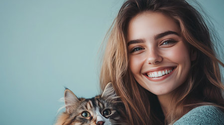 A smiling woman with a pet, with an empty background for adding text.の素材