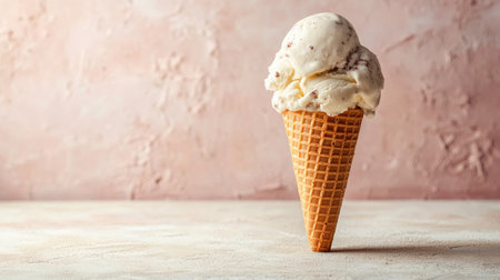 A tapered cone-shaped ice cream in front of a neutral backdrop with space for text.の素材