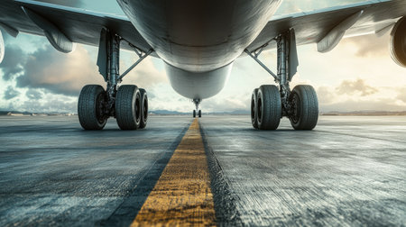A view of an airplane landing gear with a clear runway and space around for text.の素材