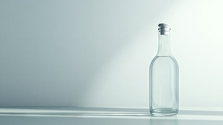 A tapered glass bottle on a plain surface, with ample copy space around it.の素材