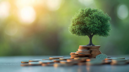 A tree growing out of a stack of coins, representing financial growth, with room for copy.の素材