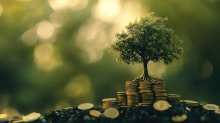 A tree growing out of a stack of coins, representing financial growth, with room for copy.の素材