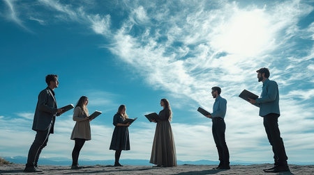 A vocal ensemble performing outdoors, with an open sky or backdrop for text.の素材