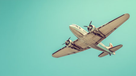 A vintage airplane in the air with a clean, empty sky around it for copy.の素材