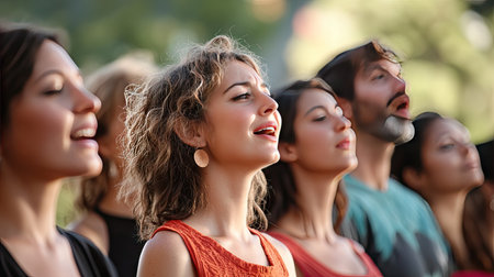 A vocal ensemble performing outdoors, with an open sky or backdrop for text.の素材