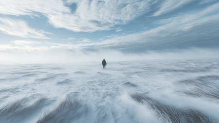 A windy, snow-covered field with a distant figure and lots of space in the sky for adding text.の素材
