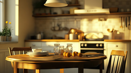 A well-lit kitchen with a focus on an empty dining table for text or brandingの素材
