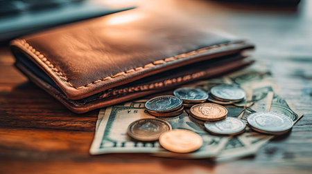 A wallet with cash and coins spilling out, leaving empty space in the background for text.の素材