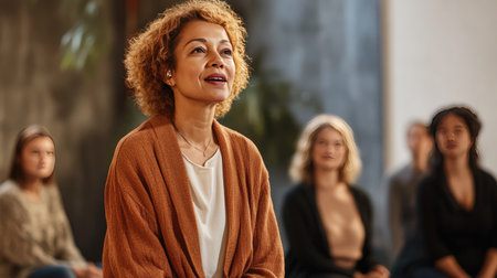A vocal coach leading a group lesson, with a clean, uncluttered space for text. -の素材