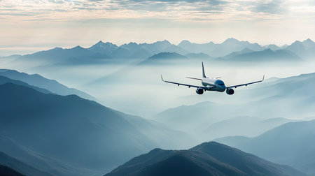 An airplane flying over mountains with a vast, open sky for adding text.の素材