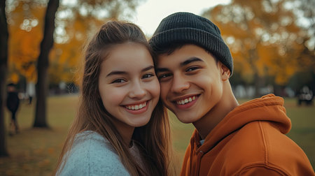 A young couple smiling and embracing in a park, with plenty of space around for text.の素材