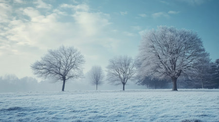 A winter scene with trees swaying in a strong cold wind, leaving ample sky space for copy. -の素材