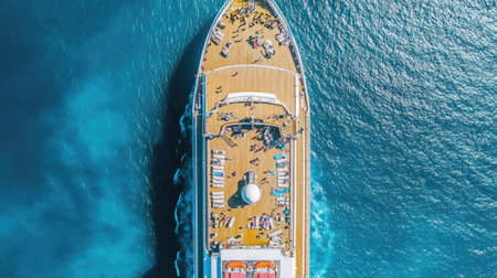 Aerial view of a cruise ship deck with passengers relaxing, leaving plenty of sky for text.の素材