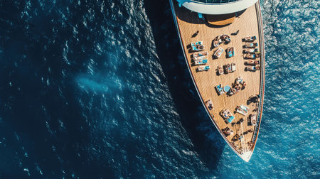 Aerial view of a cruise ship deck with passengers relaxing, leaving plenty of sky for text.の素材