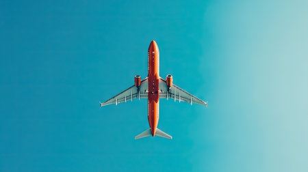 An airplane ascending into a bright blue sky, leaving room for text in the upper portion.の素材