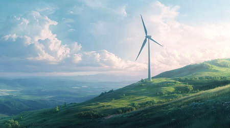 A wind turbine on a hill with a wide, open landscape and plenty of room for copy.の素材