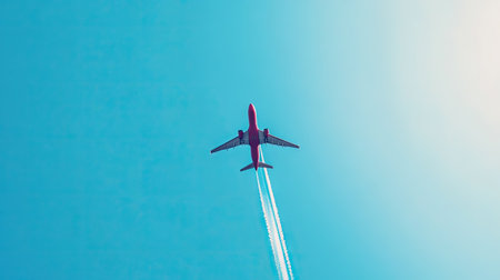 An airplane making a contrail in a clear blue sky, leaving space for copy in the upper portion.の素材