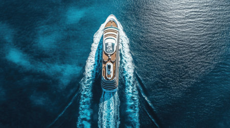 Aerial view of a cruise ship on calm waters, leaving waves behind and clear water for text. -の素材