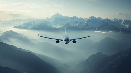 An airplane flying over mountains with a vast, open sky for adding text.の素材