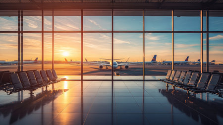 An airport terminal with a view of airplanes parked and empty space for copy.の素材
