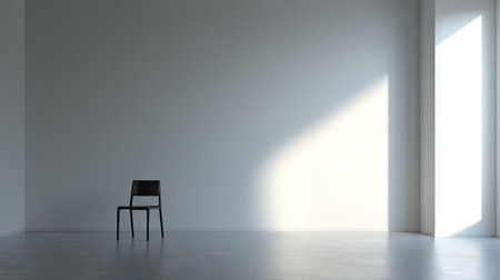 An empty room with blank walls and a single chair, providing space for text.の素材