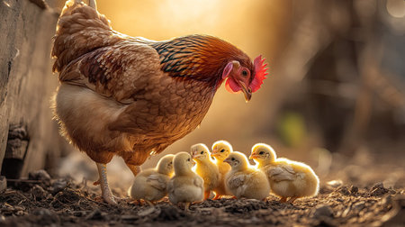 Close-up of a hen feeding her chicks in a rustic setting, with clear background for text.の素材