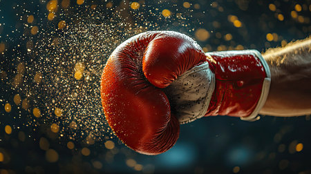 Boxer landing a punch in the ring, gloves flying as the opponent braces. -の素材