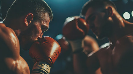 Boxers in the corner between rounds, focused on the next strategy.の素材