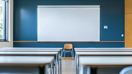 An empty whiteboard in a classroom or office with space above or beside for text.の素材