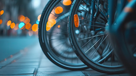 Close-up of shared bike wheels in a rack, with the blurred sidewalk as space for text.の素材