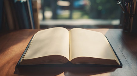 An open journal with blank pages on a desk, offering room for text or ideas.の素材