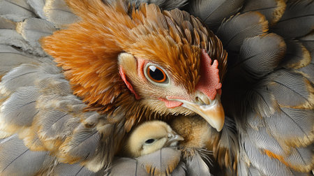 Close-up of a hen feathers, with one chick peeking out from beneath her, and space for copy.の素材