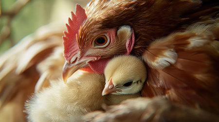 Close-up of a hen feathers with a chick nestled close, with a blurred background for text space.の素材