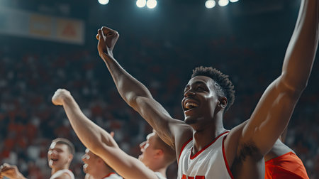 Basketball player celebrating a game-winning shot, with teammates rushing to join.の素材