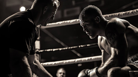 Boxer resting between rounds, gloves down and coach offering advice.の素材