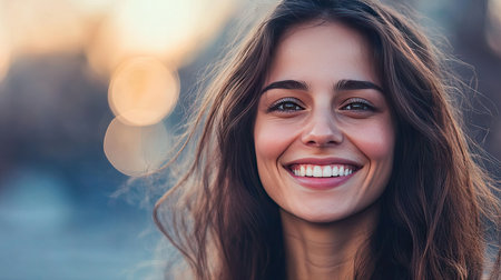 Close-up of a person smiling at the camera with a softly blurred background for copy.の素材