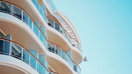 Close-up of cruise ship balconies with passengers enjoying the view, leaving sky for copy space.の素材