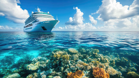Cruise ship anchored near a coral reef, with vibrant waters and copy space in the sky above.の素材