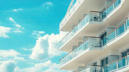 Close-up of cruise ship balconies with passengers enjoying the view, leaving sky for copy space.の素材