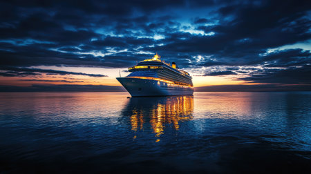 Cruise ship at dusk, with the lights of the ship reflecting on the water and plenty of room in the sky for copy.の素材