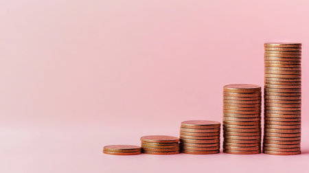 Coins forming a growing bar graph, with clear space above for text or copy.の素材
