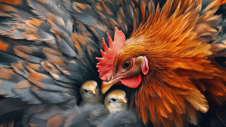 Close-up of a hen feathers, with one chick peeking out from beneath her, and space for copy.の素材