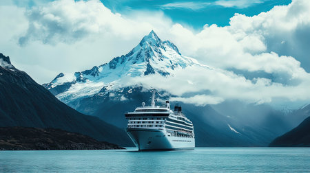 Cruise ship anchored in front of a snow-capped mountain, with a wide expanse of sky for text.の素材