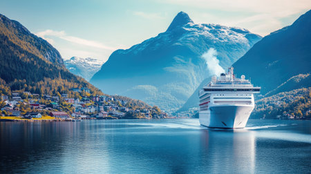 Cruise ship approaching a picturesque port with mountains in the background and clear sky for text.の素材
