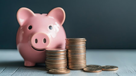 Coins stacking up next to a piggy bank, with ample space above for text. -の素材