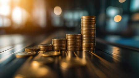 Coins forming a growing bar graph, with clear space above for text or copy.の素材