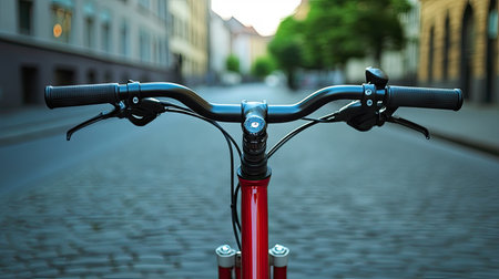 Close-up of a bike handlebar at a bike-sharing dock, with copy space on a clean background.の素材