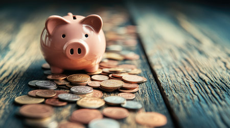 Coins forming a path leading to a piggy bank, with clear space for text in the background.の素材