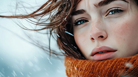 Close-up of a person's face with wind-blown hair and a chilly expression, with a blurred background for text.の素材