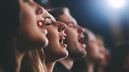 Close-up of choir members singing, with a blurred background providing room for copy.の素材
